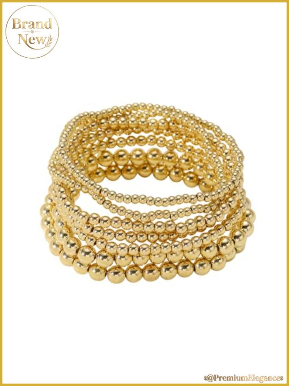 Gold Beaded Bracelet Set 7 Stack Stretch Bracelets Mixed Sizes 3-8 mm CCB Beads